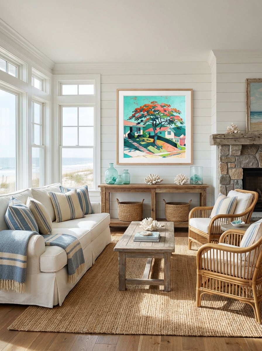 Hillside Reverie - Poinciana Tree Abstract Australian Art Print displayed as a medium natural timber framed print with white mat board in a coastal living room interior setting