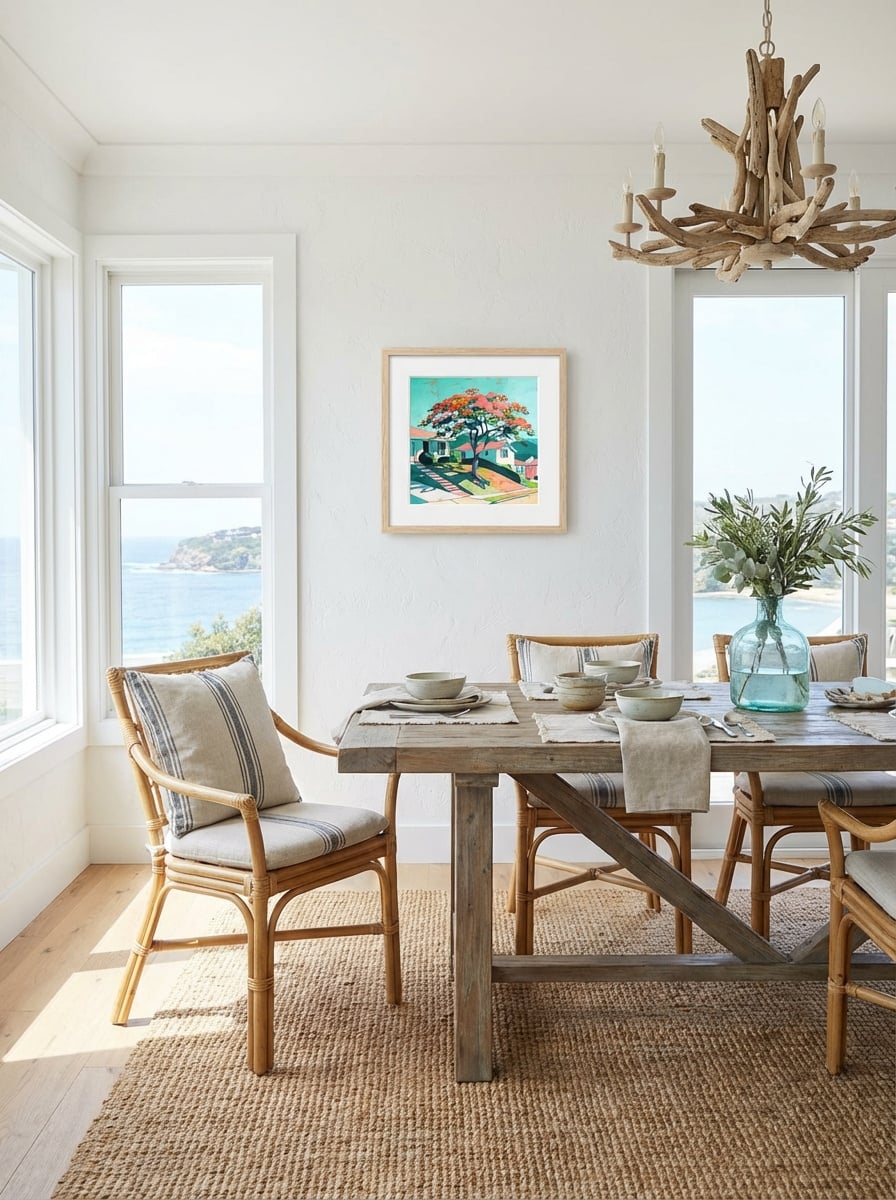Hillside Reverie - Poinciana Tree Abstract Australian Art Print displayed as a small natural timber framed print with white mat board in a coastal dining room interior setting