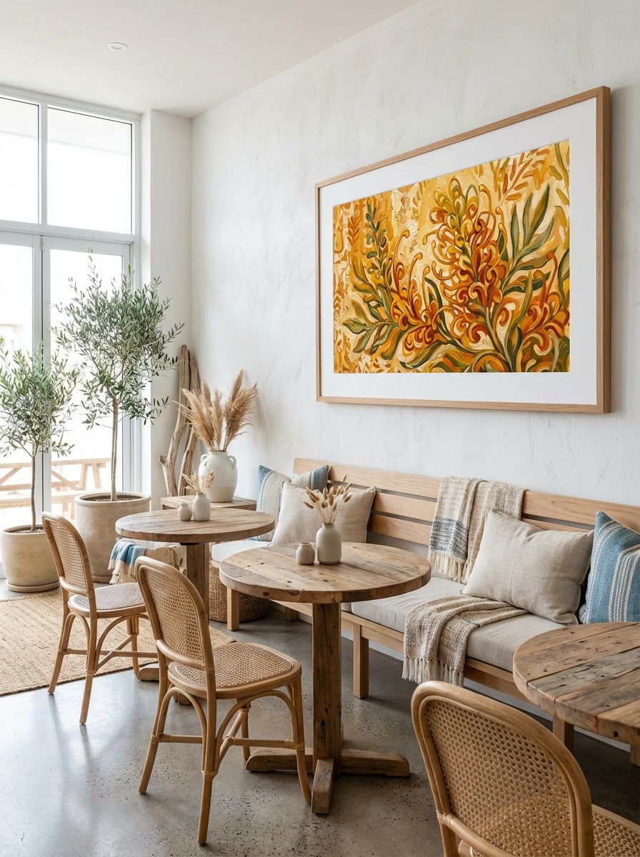 Honey Gem Grevillea - Vibrant Abstract Botanical Art Print displayed as a medium natural timber framed print with white mat board in a coastal cafe interior setting