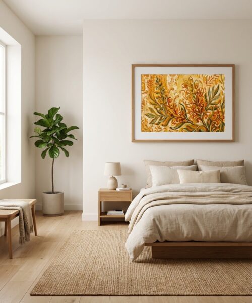 Honey Gem Grevillea - Vibrant Abstract Botanical Art Print displayed as a medium natural timber framed print with white mat board in a minimalist bedroom interior setting