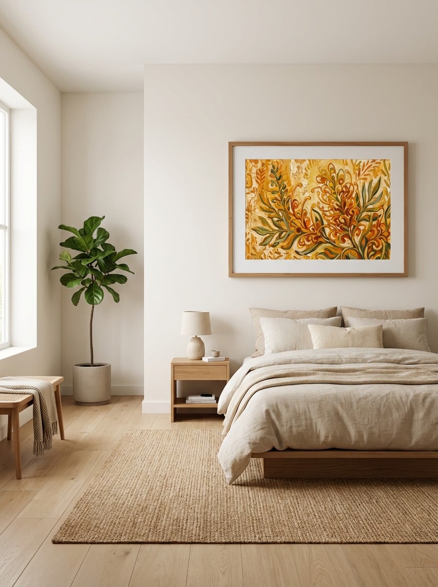 Honey Gem Grevillea - Vibrant Abstract Botanical Art Print displayed as a medium natural timber framed print with white mat board in a minimalist bedroom interior setting