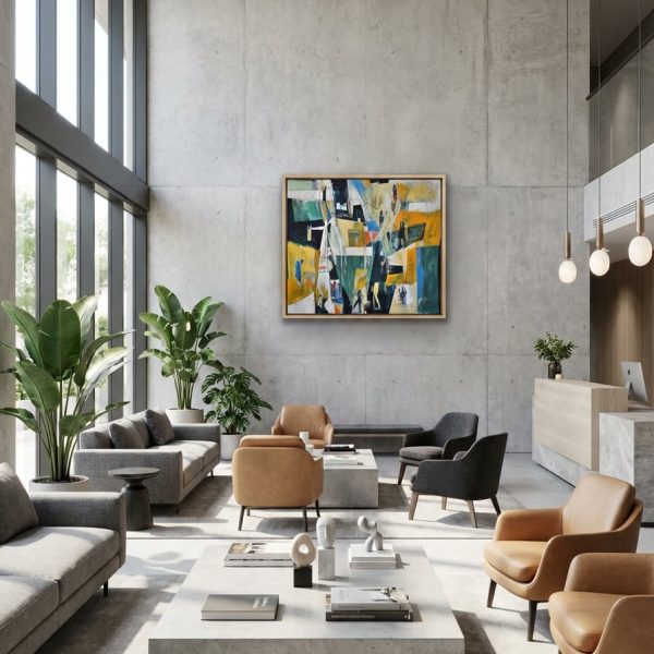 Hotel - Abstract Urban Wall Art Print displayed as a small canvas print with light timber float frame in a modern hotel lobby interior setting