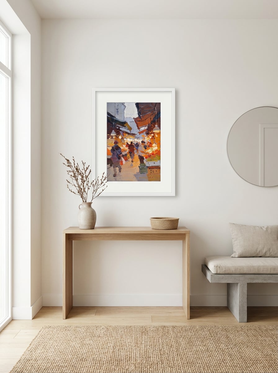 Melbourne Abstract Art Print - Morning at the Queen Victoria Market displayed as a medium white framed print with white mat board in a minimalist entryway interior setting