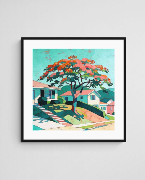 poinciana tree art print "Coral Hillside Reverie" art print with Black Square frame - high quality giclée print