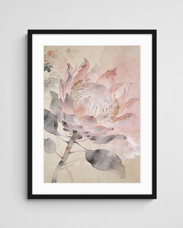 Abstract blush boho floral art Protea Dreamscape art print with Black A Portrait frame - high quality giclée print