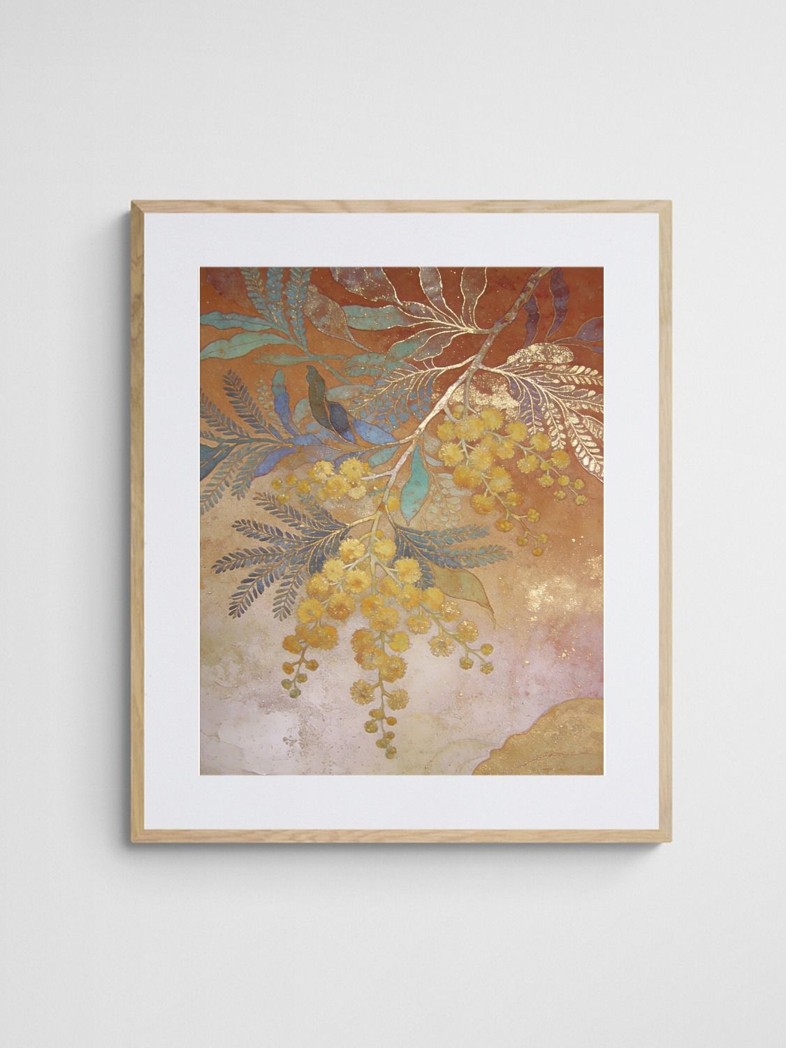 Australian wattle boho wall art Golden Wattle art print with Ornate 4-5 Portrait frame - high quality giclée print