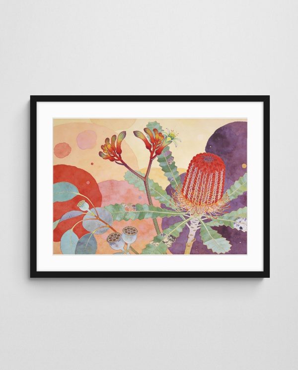 Australian native floral art abstract "Blossoms of the Outback" art print with Black A Landscape frame - high quality giclée print