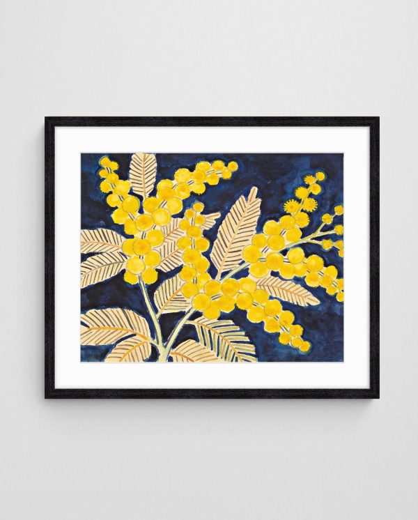 wattle australian native art Golden Wattle on Blue art print with Black 4-5 Landscape frame - high quality giclée print