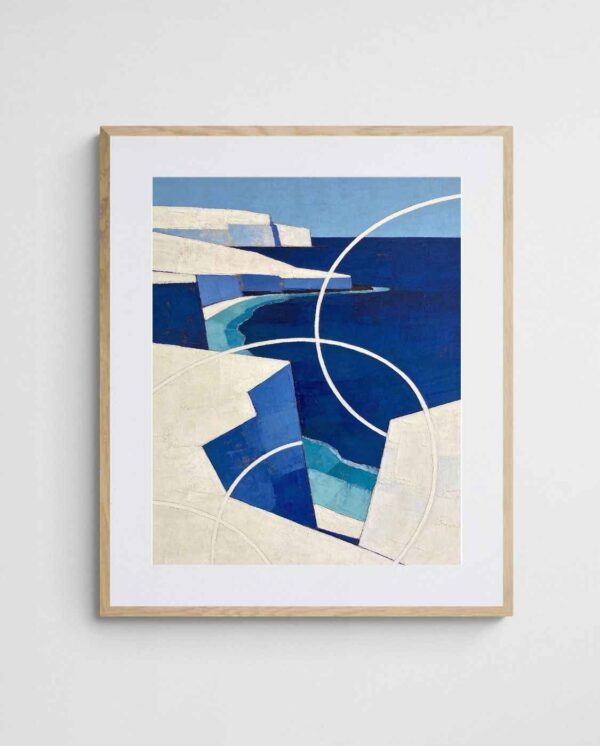Blue Coastal Geometric Abstract White Cliffs on Blue art print with Ornate 4-5 Portrait frame - high quality giclée print