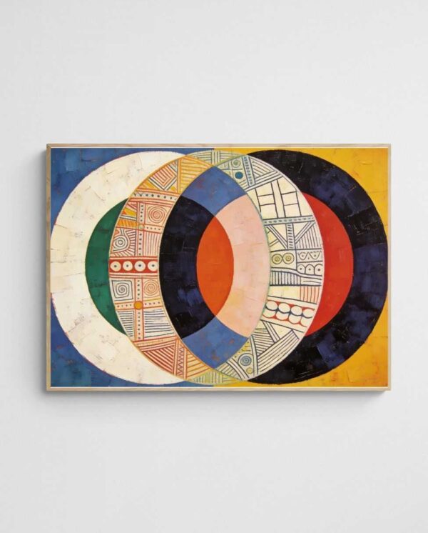 Mid Century Geometric abstract circle art Circles of Civilisation 2 art print with Wood A Landscape frame - high quality giclée print