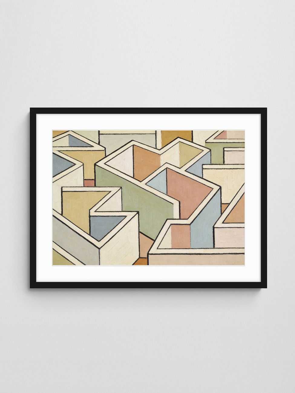 pastel Geometric abstract art print Pastel Maze art print with Black A Landscape frame - high quality giclée print