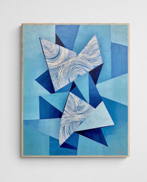 blue geometric abstract art mediterranean origami art print with Wood 4-5 Portrait frame - high quality giclée print