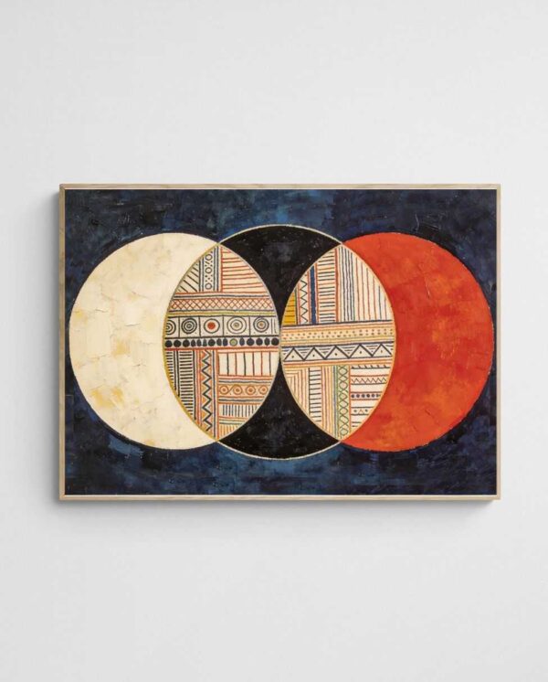 Mid Century Geometric abstract circle art Circles or Civilisation 1 art print with Wood A Landscape frame - high quality giclée print