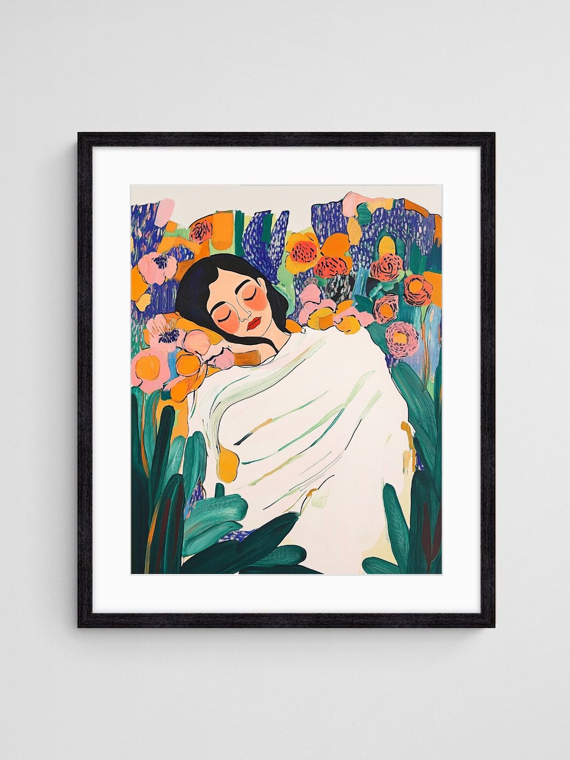 sleeping woman garden portrait Asleep Among the Flowers 1 art print with Black 4-5 Portrait frame - high quality giclée print