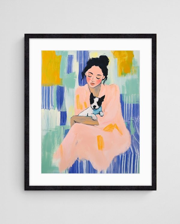 woman and dog art print Dreaming with Dog art print with Black 4-5 Portrait frame - high quality giclée print
