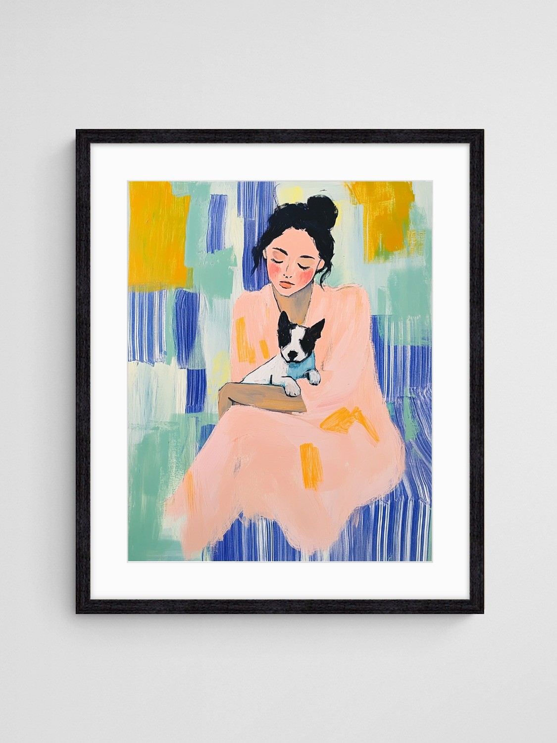 woman and dog art print Dreaming with Dog art print with Black 4-5 Portrait frame - high quality giclée print