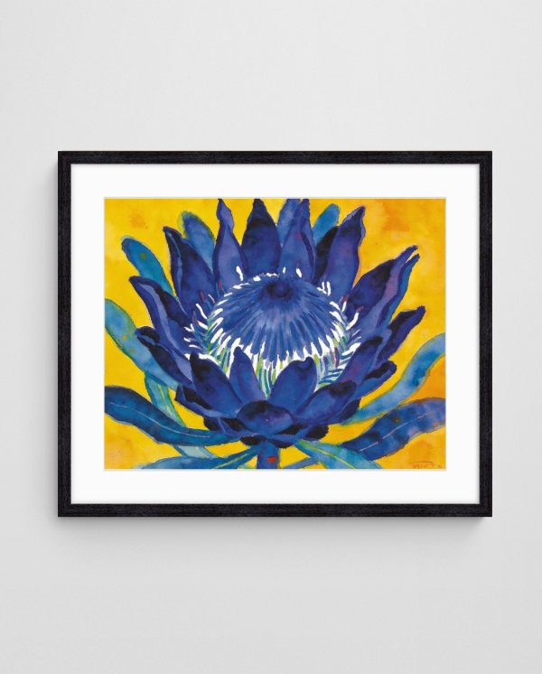 Indigo Protea abstract art Indigo Protea on Gold art print with Black 4-5 Landscape frame - high quality giclée print