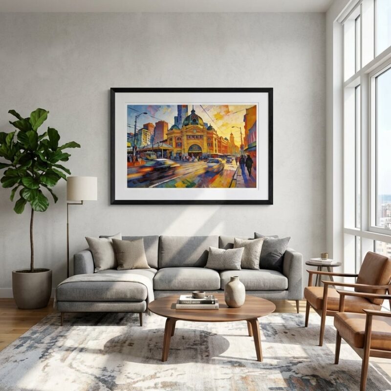 morning-at-flinders-street-station-abstract-melbourne-art-print-medium-black-framed-print-with-white-mat-board-modern-living-room-interior-mockup Morning at Flinders Street Station - Abstract Melbourne Art Print displayed as a medium black framed print with white mat board in a modern living room interior setting