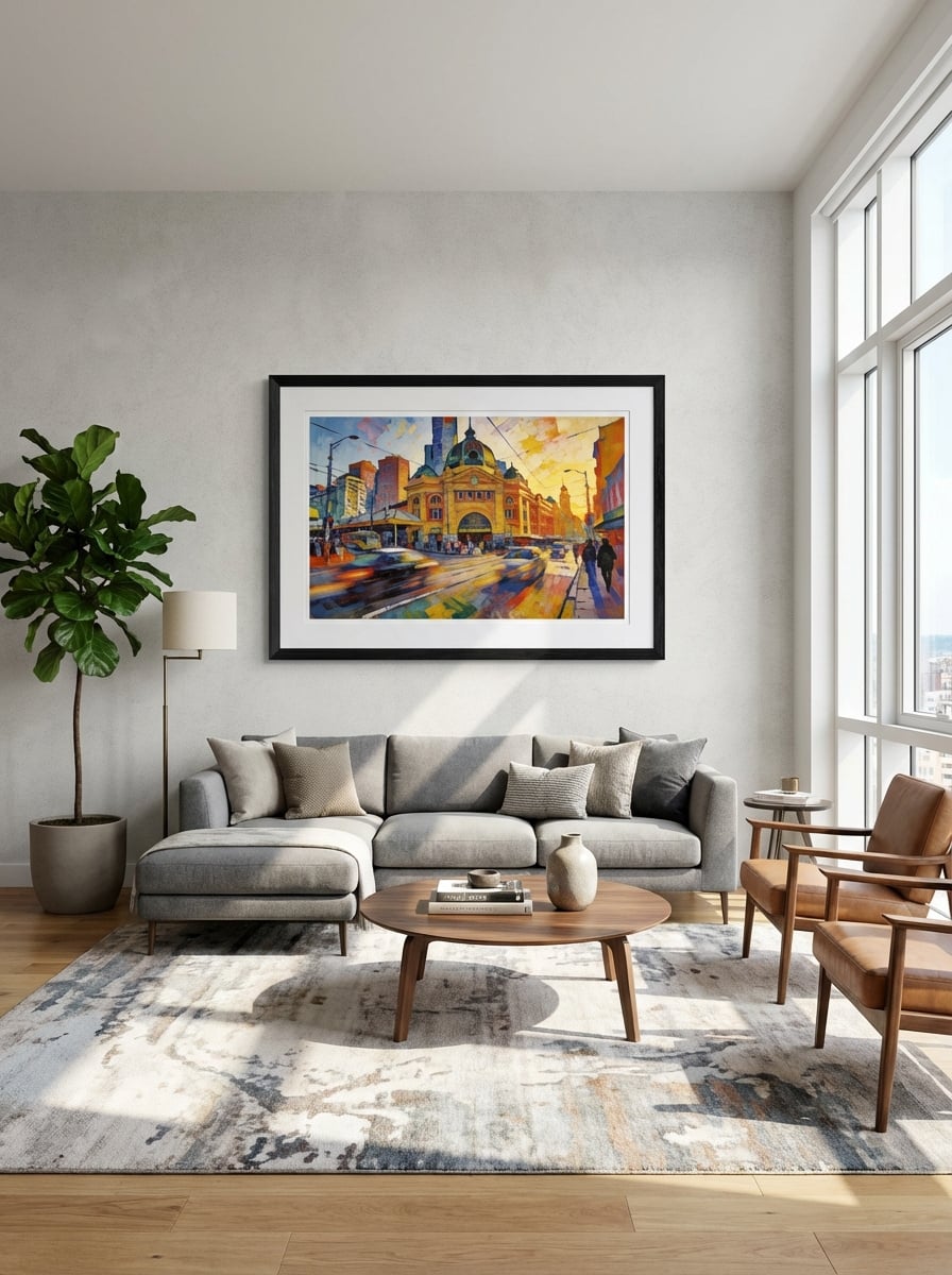 Morning at Flinders Street Station - Abstract Melbourne Art Print displayed as a medium black framed print with white mat board in a modern living room interior setting