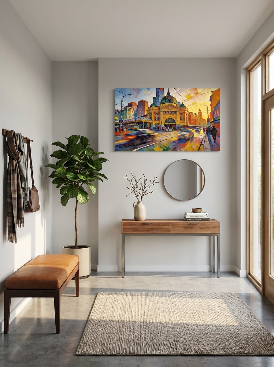 Morning at Flinders Street Station - Abstract Melbourne Art Print displayed as a medium canvas print in a modern entryway interior setting