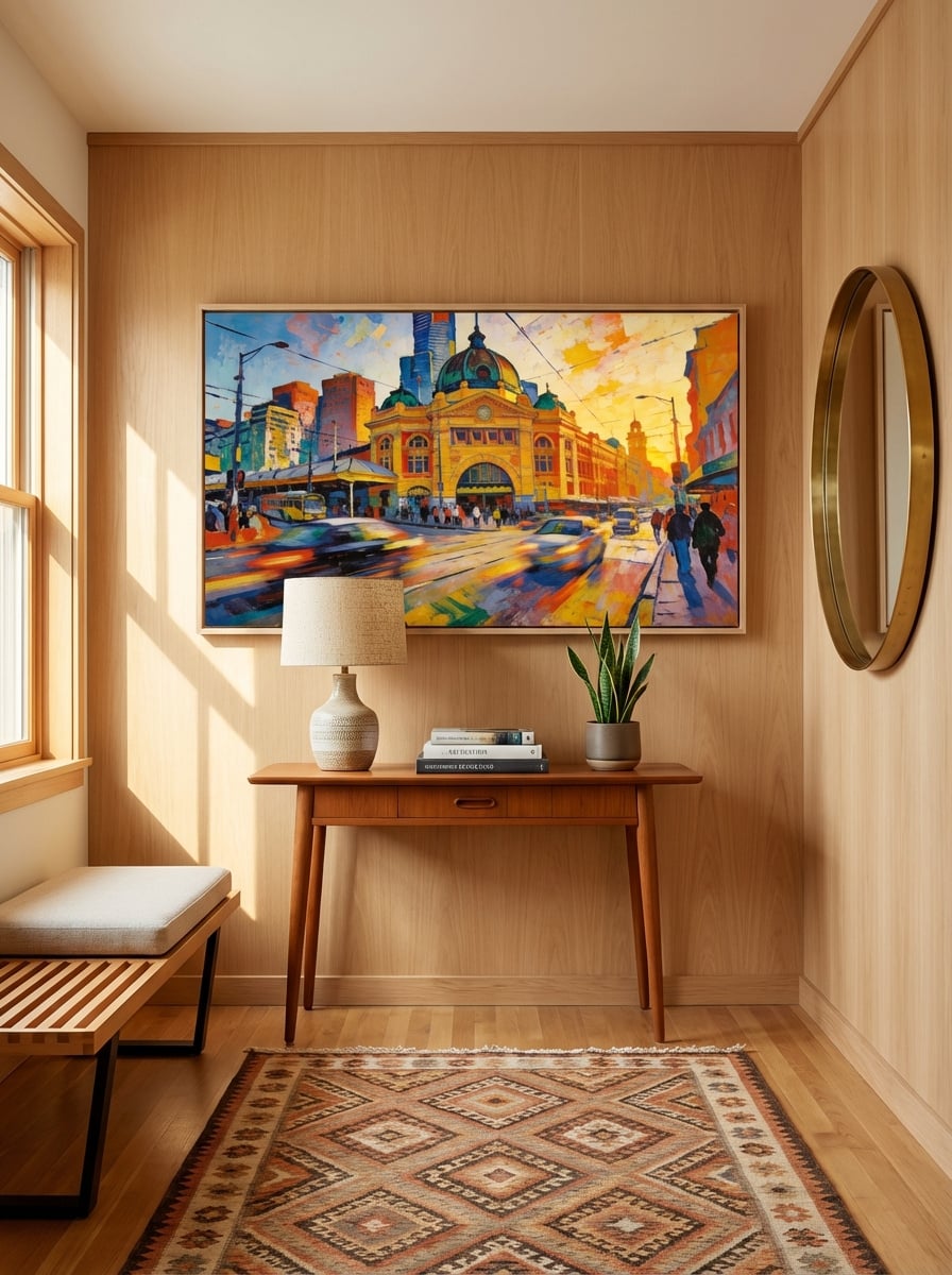 Morning at Flinders Street Station - Abstract Melbourne Art Print displayed as a medium canvas print with light timber float frame in a mid-century modern entryway interior setting