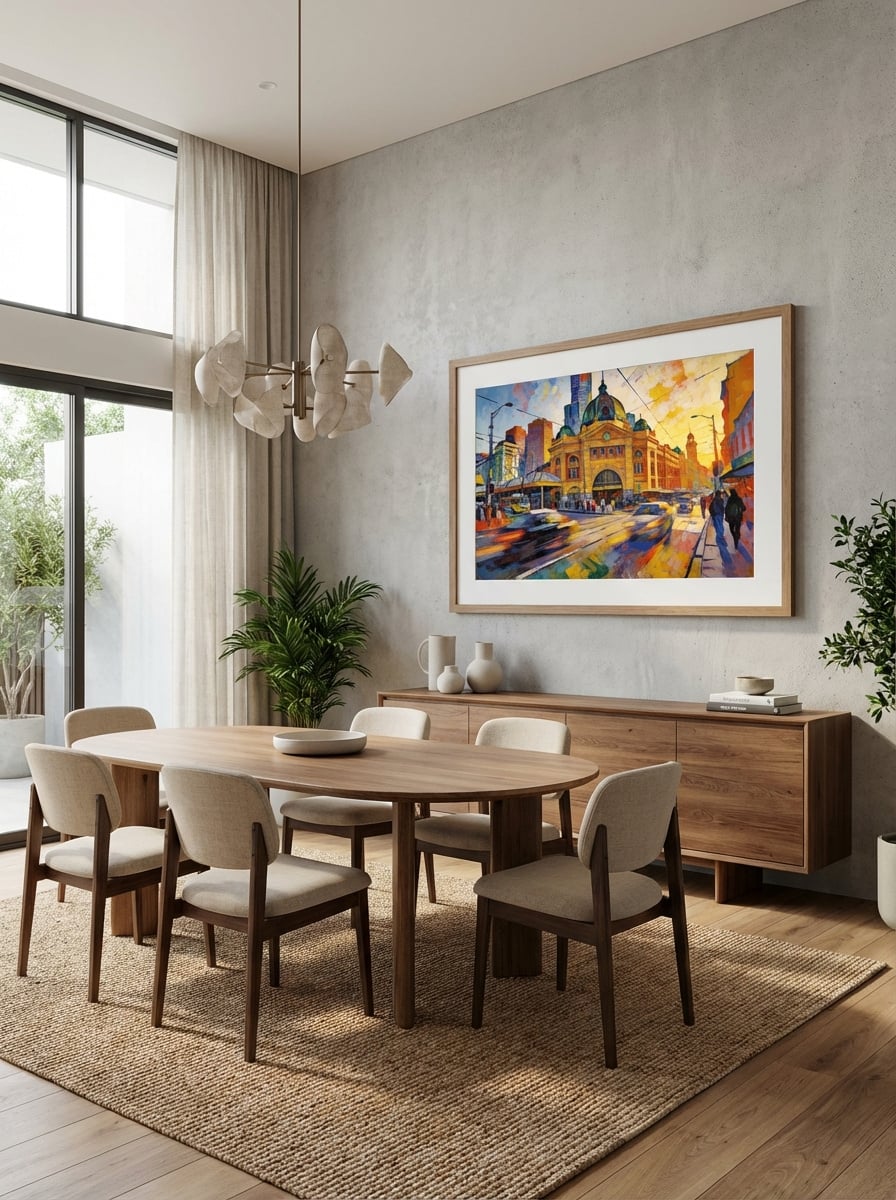 Morning at Flinders Street Station - Abstract Melbourne Art Print displayed as a medium natural timber framed print with white mat board in a modern dining room interior setting