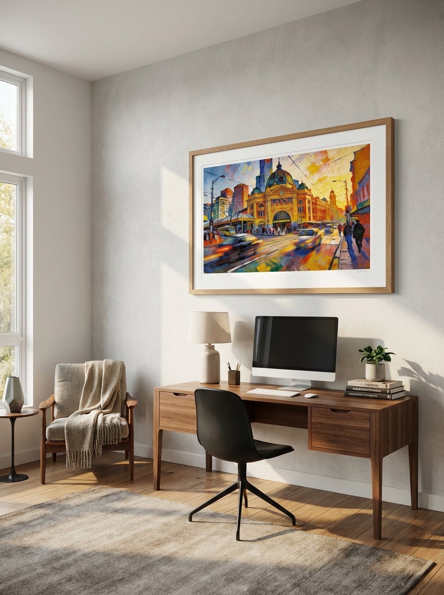 Morning at Flinders Street Station - Abstract Melbourne Art Print displayed as a medium natural timber framed print with white mat board in a modern home office interior setting