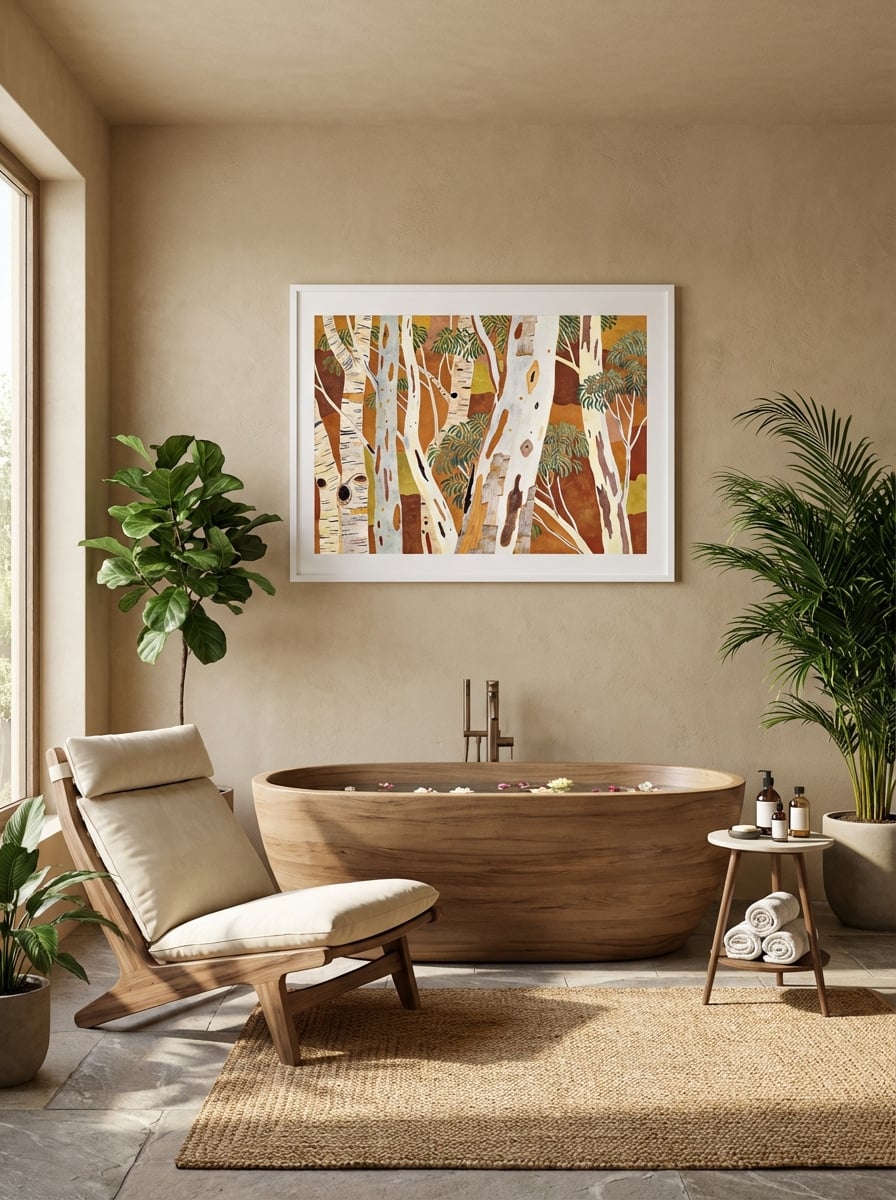 Paperbark Textures - Abstract Melaleuca Nature Print - Modern Botanical Wall Art displayed as a medium white framed print with white mat board in a contemporary spa interior setting