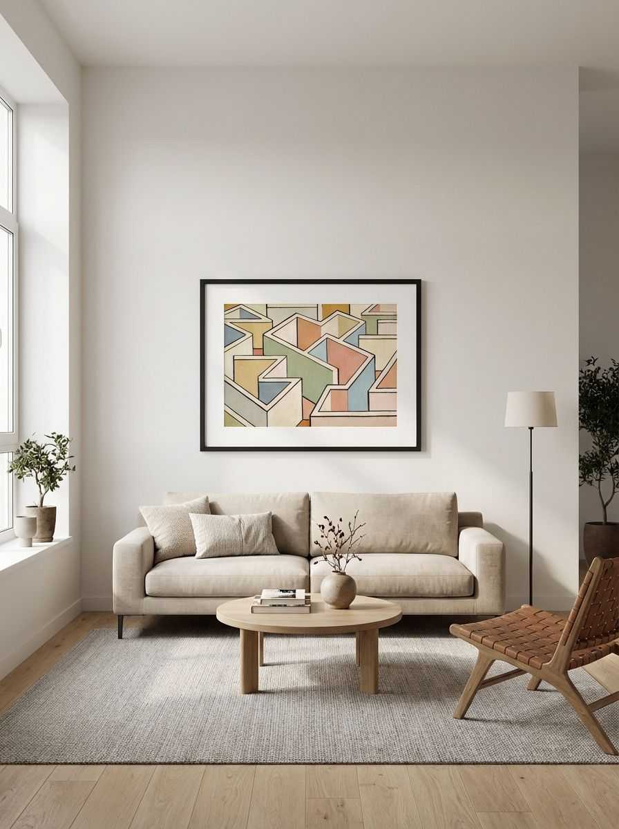 Pastel Maze - Geometric Abstract Art Print with Neutral Tones displayed as a medium black framed print with white mat board in a minimalist living room interior setting