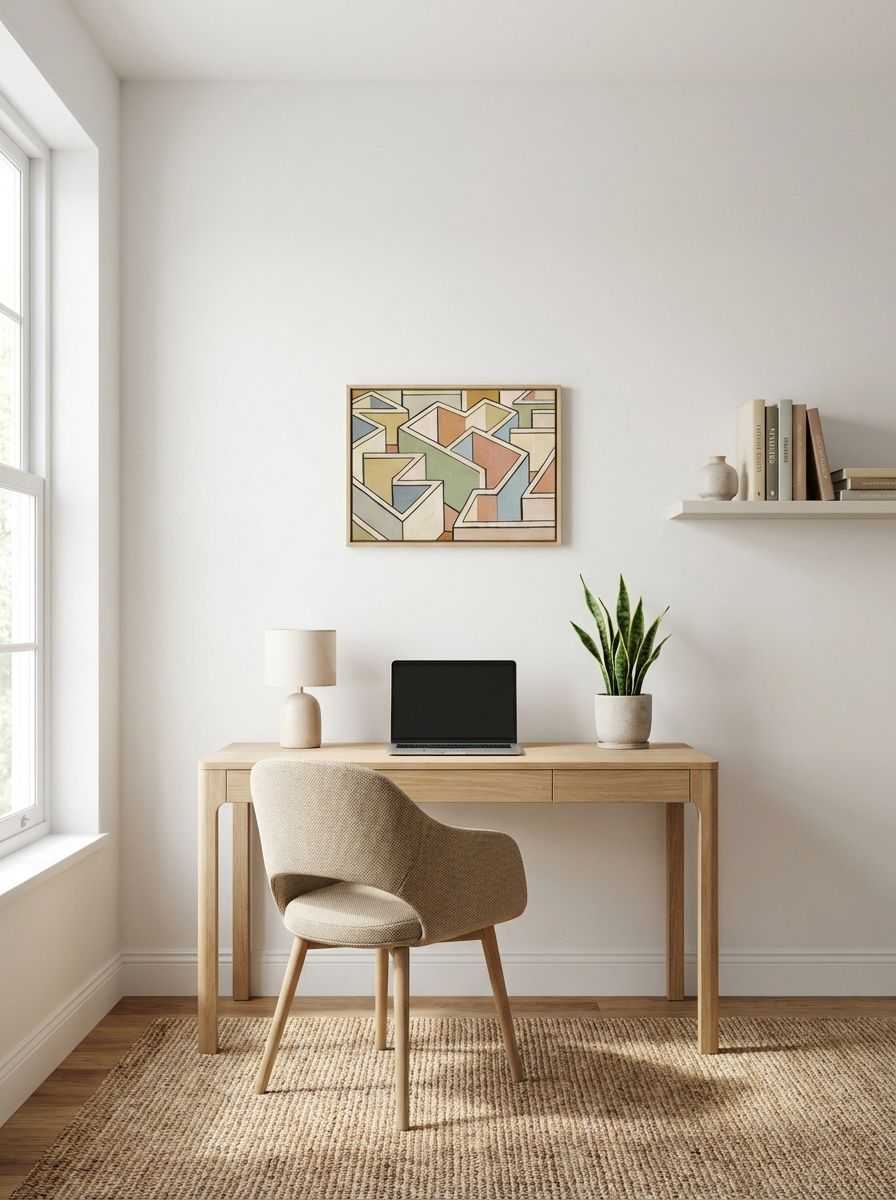 Pastel Maze - Geometric Abstract Art Print with Neutral Tones displayed as a small canvas print with light thin timber float frame in a minimalist home office interior setting