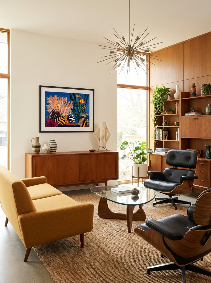 Reef Alive 1 - Colourful Abstract Coastal Art Print displayed as a medium black framed print with white mat board in a mid-century modern living room interior setting