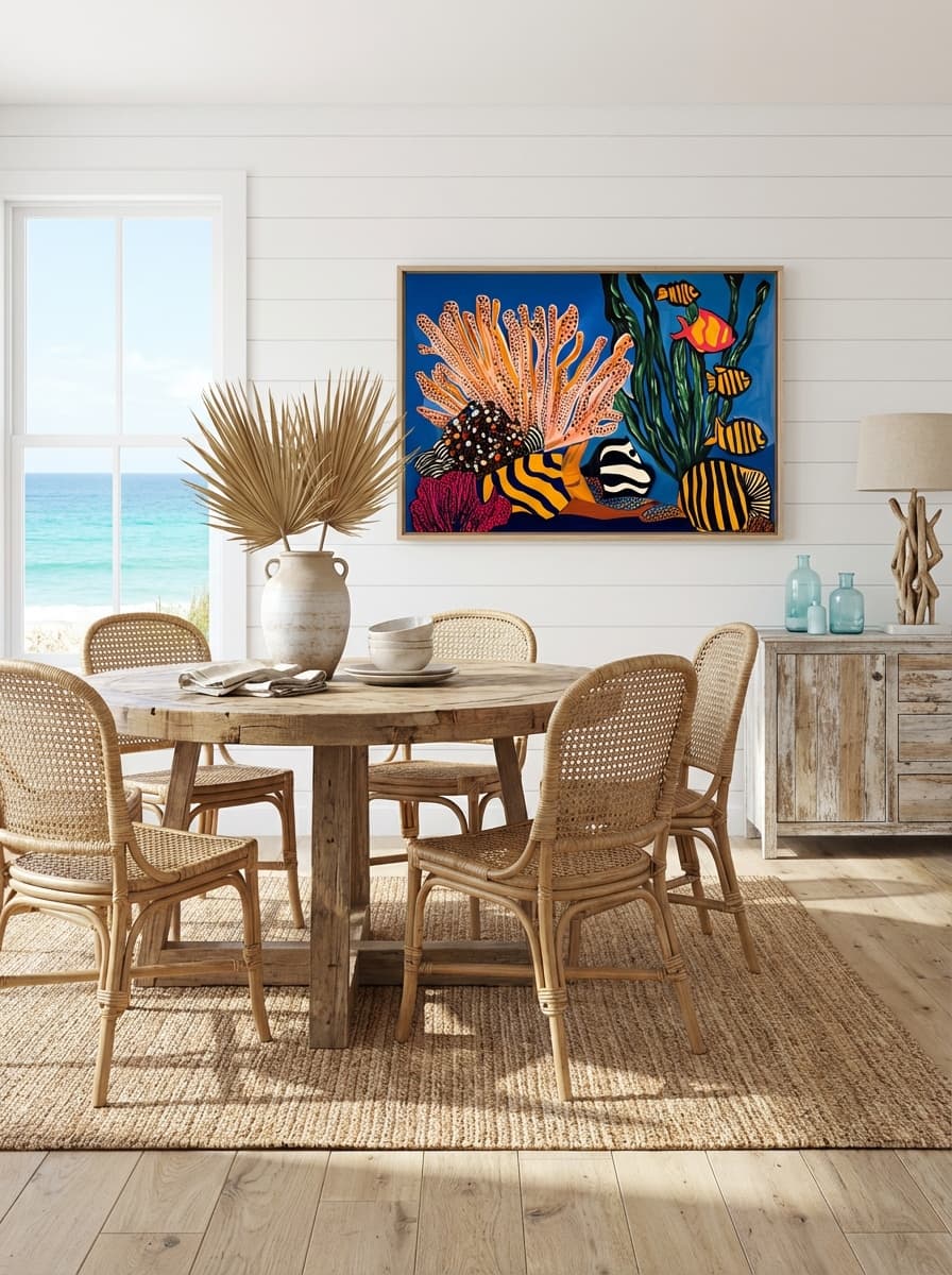 Reef Alive 1 - Colourful Abstract Coastal Art Print displayed as a medium canvas print with light timber float frame in a coastal dining room interior setting