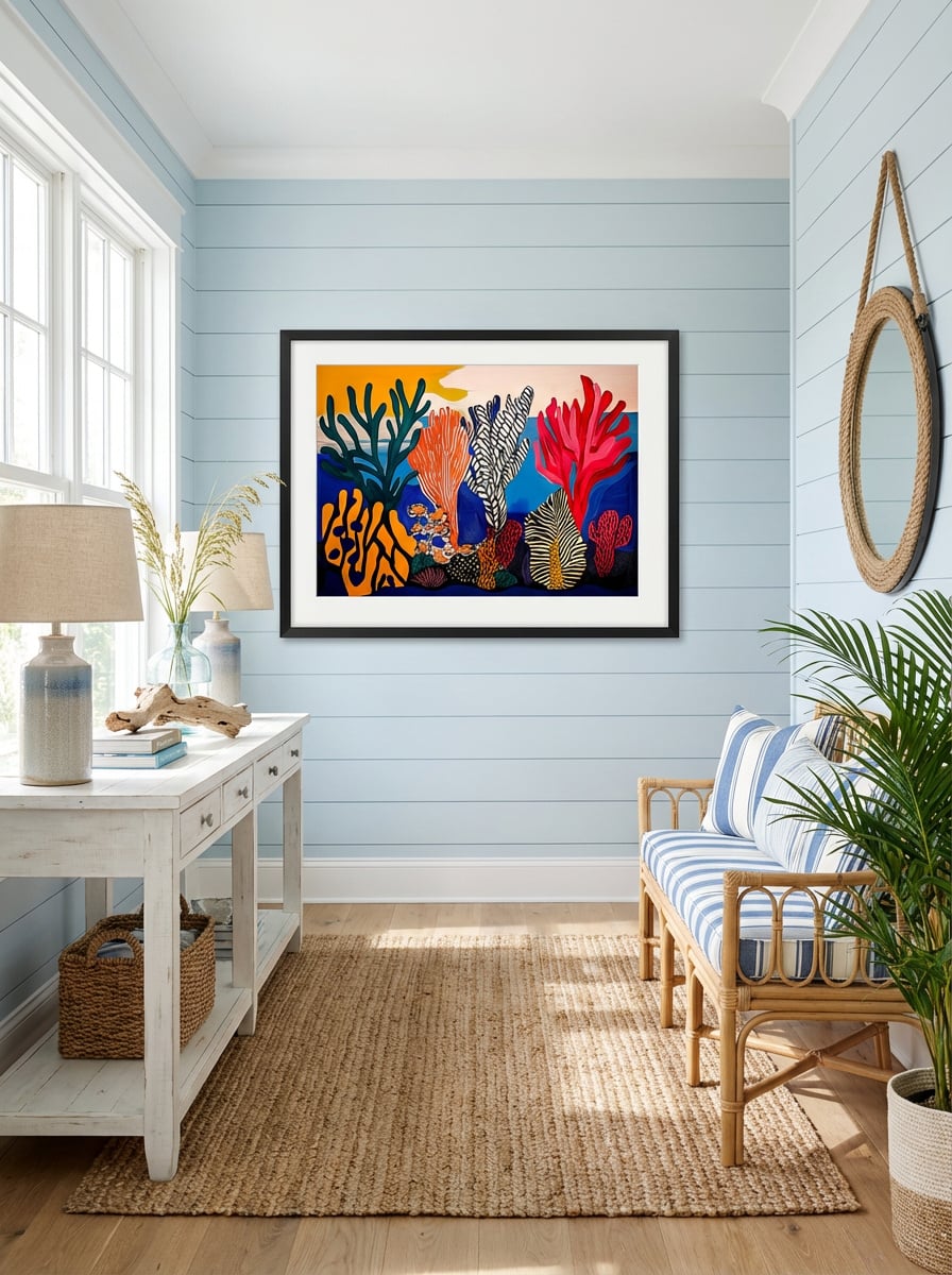 Reef Alive 2 - Vibrant Coral Abstract Art Print displayed as a medium black framed print with white mat board in a coastal entryway interior setting