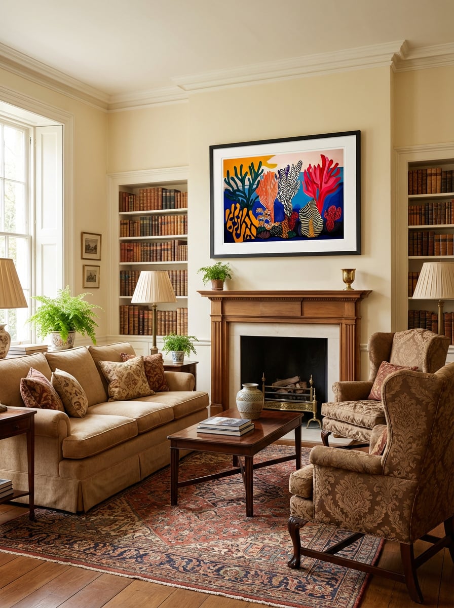 Reef Alive 2 - Vibrant Coral Abstract Art Print displayed as a medium black framed print with white mat board in a traditional living room interior setting