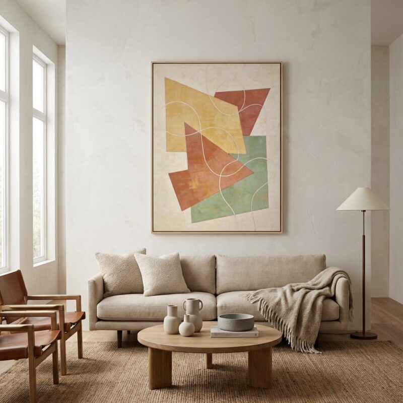 serene-fragments-mid-century-geometric-art-print-medium-canvas-print-with-light-thin-timber-float-frame-contemporary-lounge-interior-mockup Serene Fragments - Mid Century Geometric Art Print displayed as a medium canvas print with light thin timber float frame in a contemporary lounge interior setting