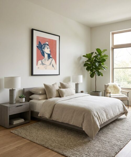 Silvia in Still Life - Elegant Woman Portrait Art Print displayed as a medium black framed print with white mat board in a contemporary bedroom interior setting