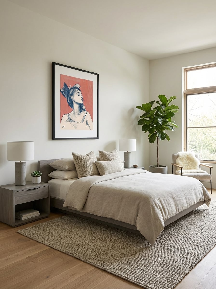 Silvia in Still Life - Elegant Woman Portrait Art Print displayed as a medium black framed print with white mat board in a contemporary bedroom interior setting