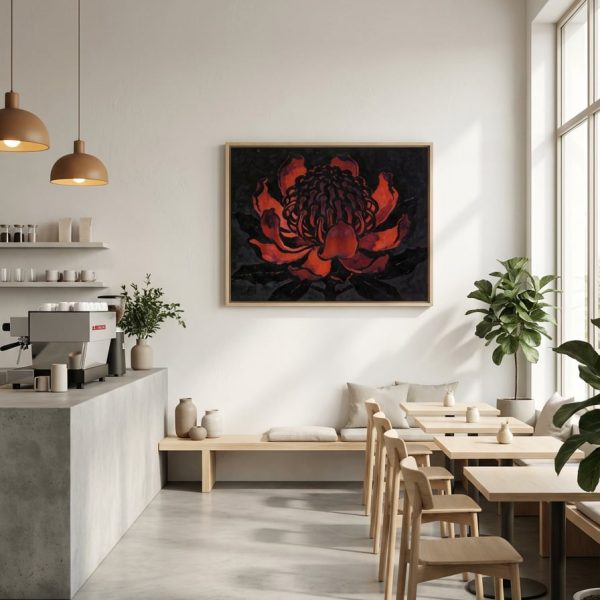 Waratah Noir - Bold Australian Botanical Wall Art displayed as a medium canvas print with light timber float frame in a minimalist cafe interior setting