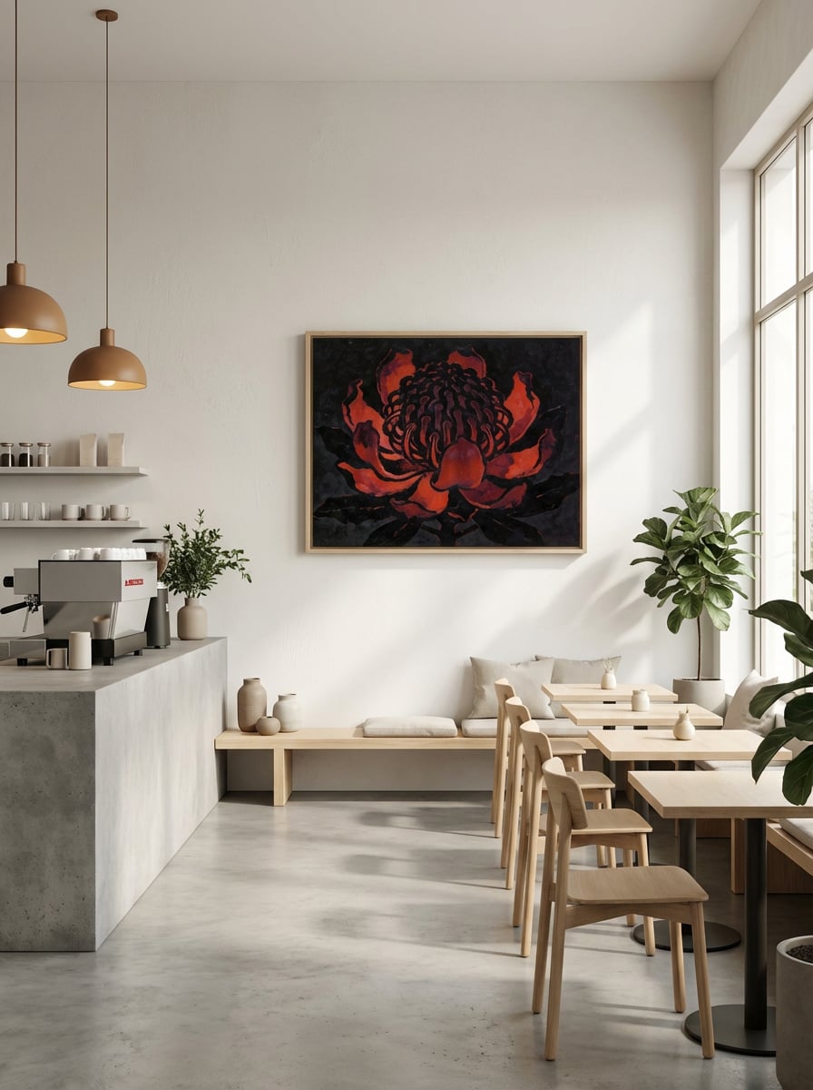 Waratah Noir - Bold Australian Botanical Wall Art displayed as a medium canvas print with light timber float frame in a minimalist cafe interior setting