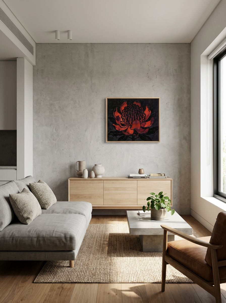 Waratah Noir - Bold Australian Botanical Wall Art displayed as a small canvas print with light timber float frame in a modern studio interior setting