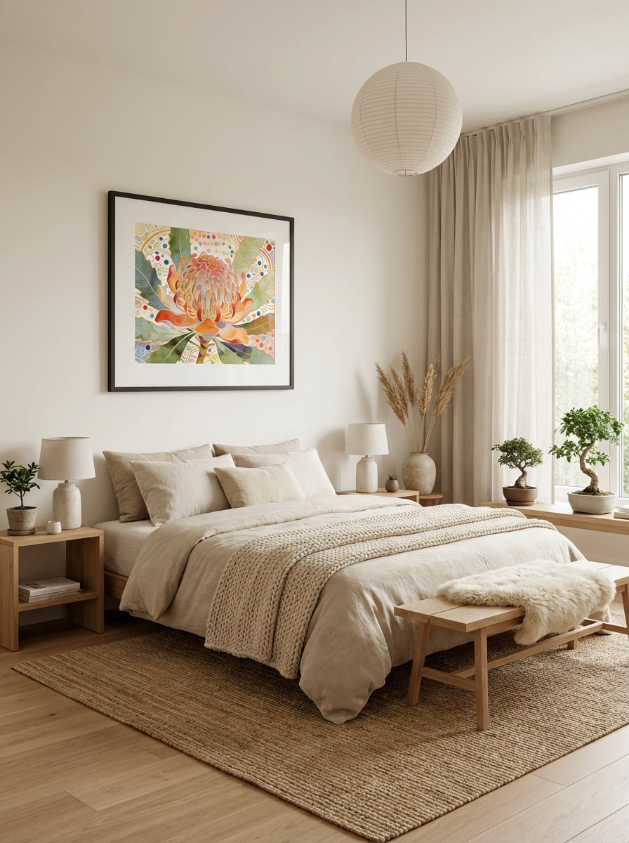 Waratah Whispers - Vibrant Abstract Botanical Art Print displayed as a medium black framed print with white mat board in a japandi bedroom interior setting