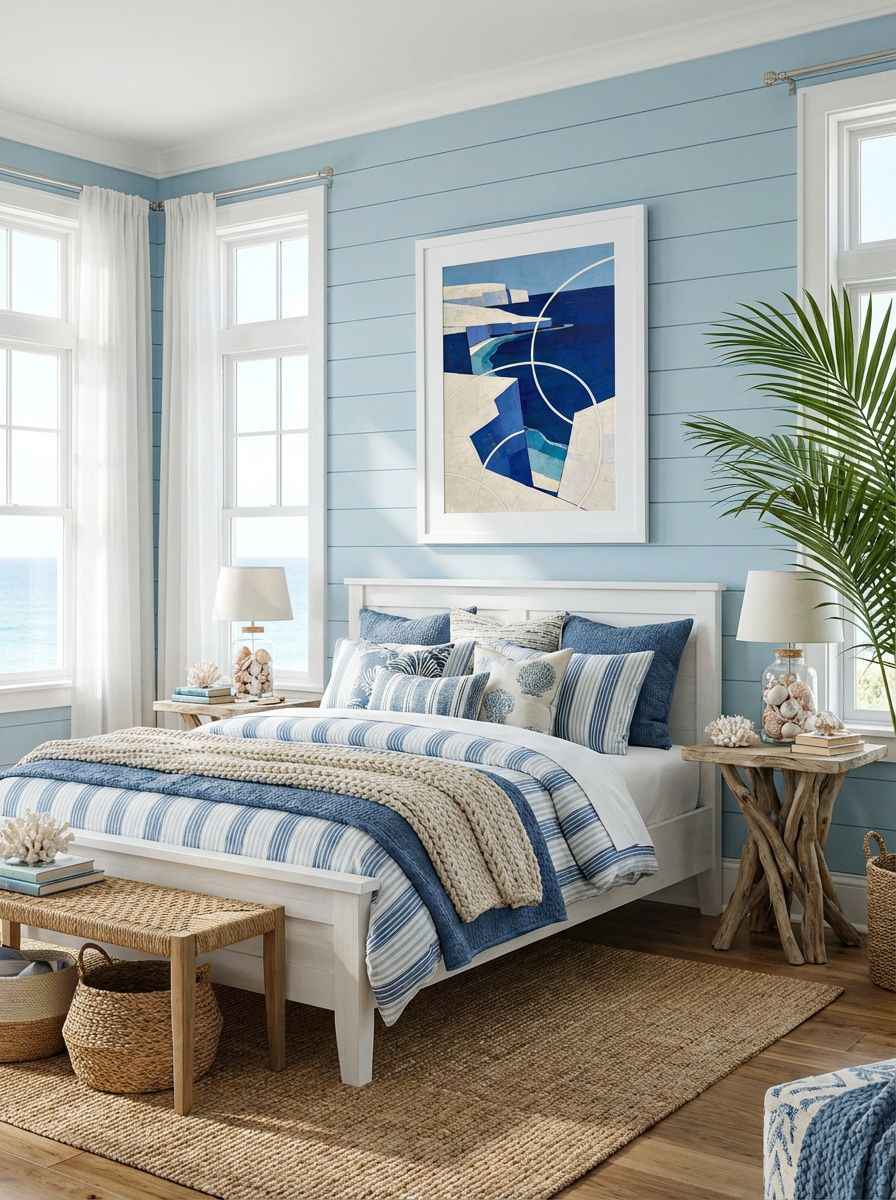 White Cliffs on Blue - Blue Coastal Geometric Abstract Art displayed as a medium white framed print with white mat board in a coastal bedroom interior setting