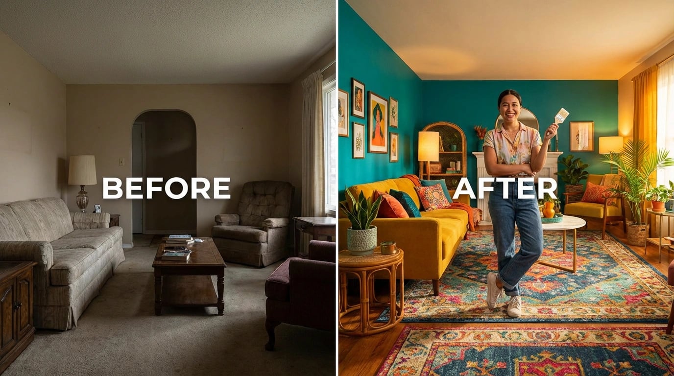 7 Ways Colour Transforms Your Room - Colorful room transformation before-after visual guide for 7 Ways Colour Transforms Your