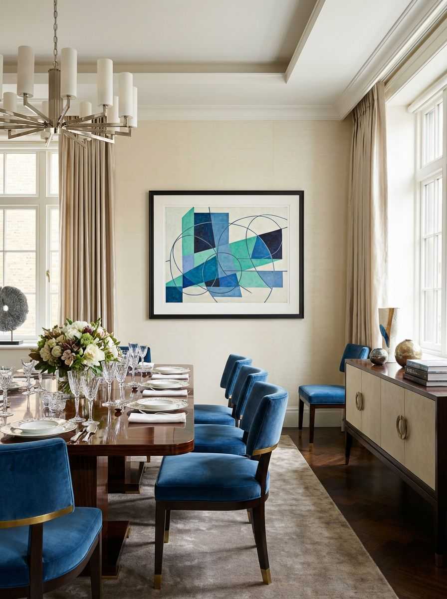 Chilled Whispers - Blue Geometric Abstract Art Print displayed as a medium black framed print with white mat board in a luxury dining room interior setting