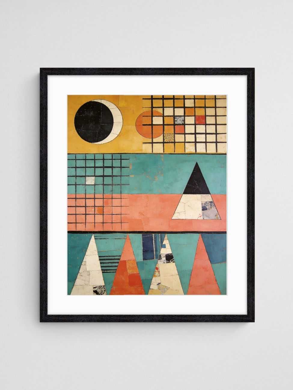 Mid century geometric abstract painting Off the Ancient Grid art print with Black 4-5 Portrait frame - high quality giclée print