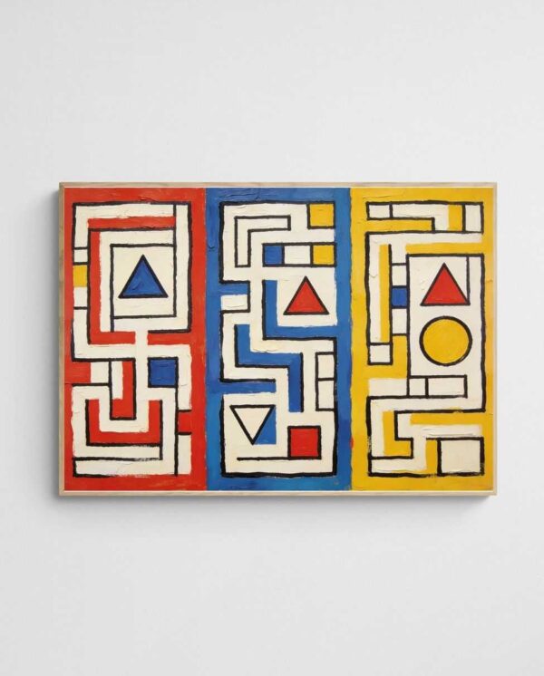 Colourful Mid-Century Geometric Art Print Three Mazes art print with Wood A Landscape frame - high quality giclée print
