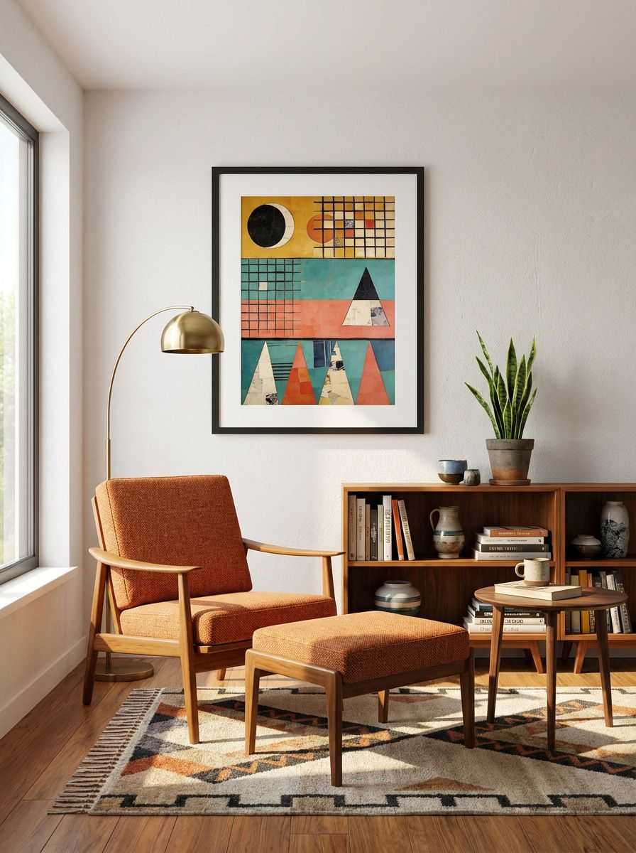 Off the Ancient Grid - Mid Century Geometric Abstract Painting Wall Art Print displayed as a medium black framed print with white mat board in a mid-century modern reading nook interior setting