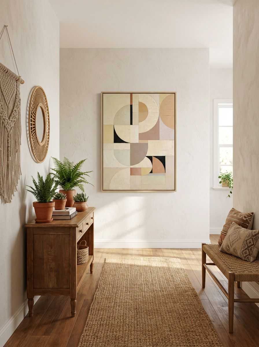 Vanilla Harvest 1 – Neutral Geometric Abstract Art Print displayed as a medium canvas print with light thin timber float frame in a bohemian hallway interior setting