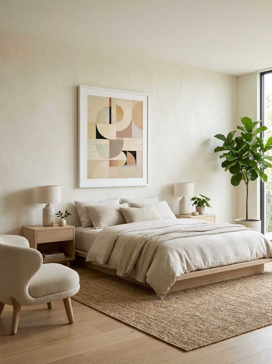 Vanilla Harvest 1 – Neutral Geometric Abstract Art Print displayed as a medium white framed print with white mat board in a contemporary bedroom interior setting