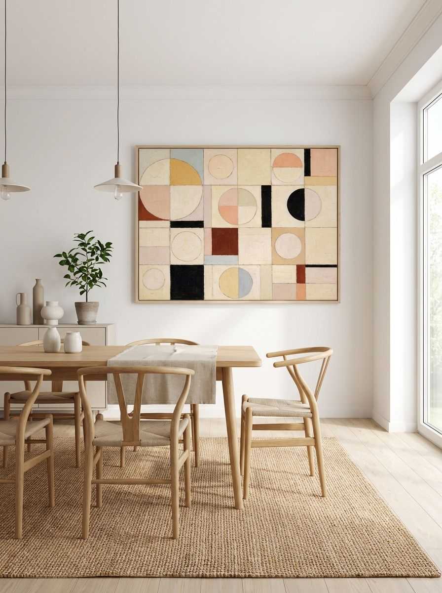 Vanilla Harvest 3 - Pastel Geometric Abstract Art Print displayed as a medium canvas print with light thin timber float frame in a scandinavian dining room interior setting